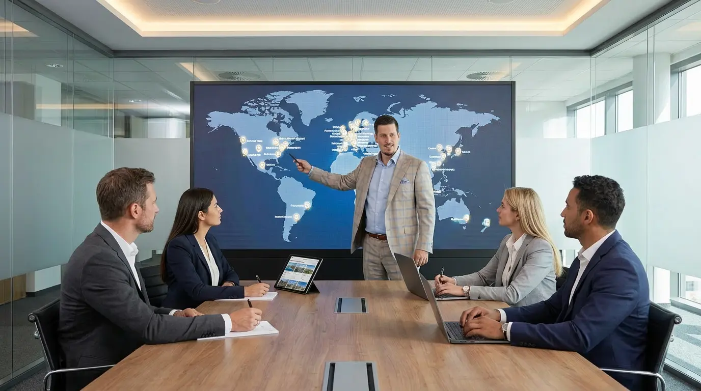 Präsentation vor einer digitalen Weltkarte mit Maklerstandorten