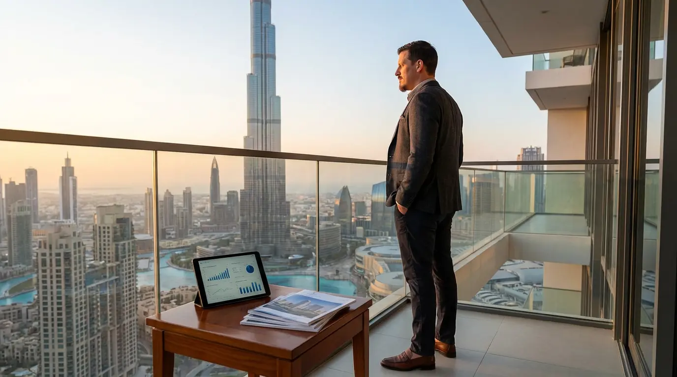 Investor auf einem Balkon mit Blick auf den Burj Khalifa