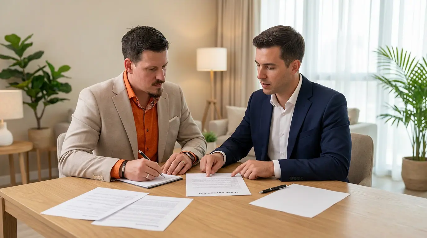 Vermieter und Berater gehen gemeinsam Unterlagen am Tisch durch