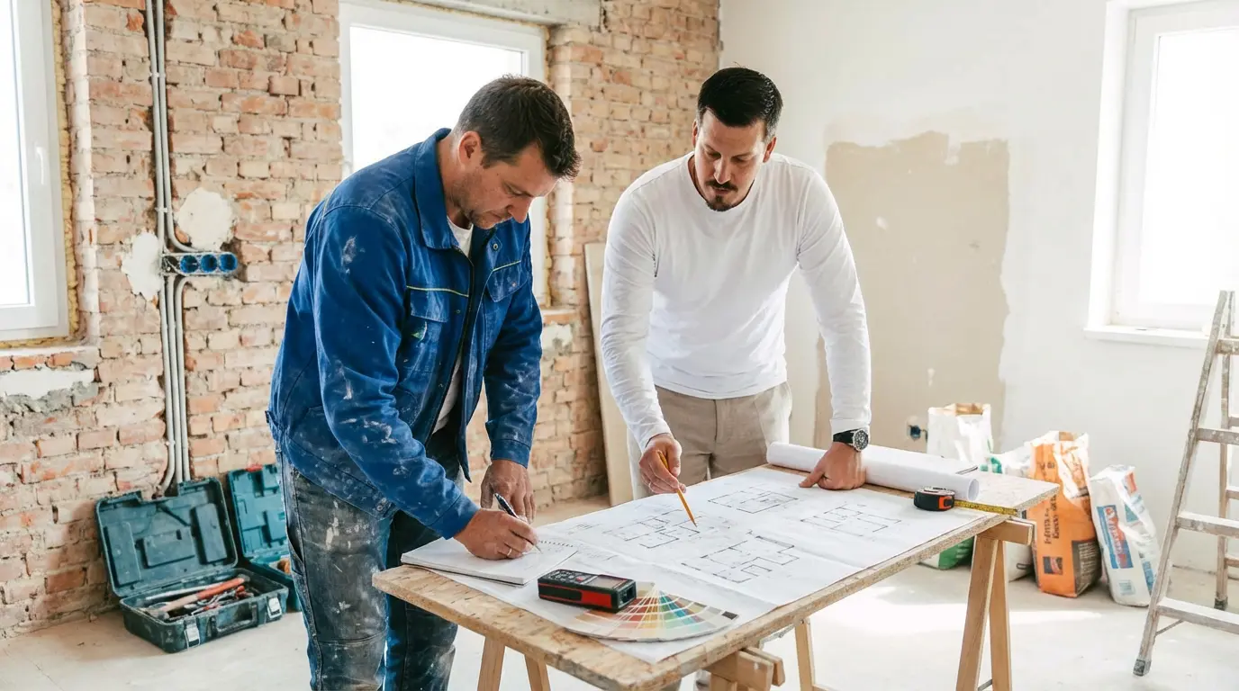 Zwei Handwerker besprechen Pl&auml;ne im Rohbau