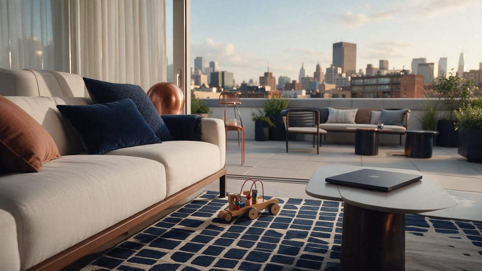 Wohnbereich mit Dachterrasse und Blick auf eine Skyline