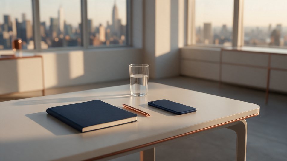 Schreibtisch mit Notizbuch und Smartphone vor einer Skyline