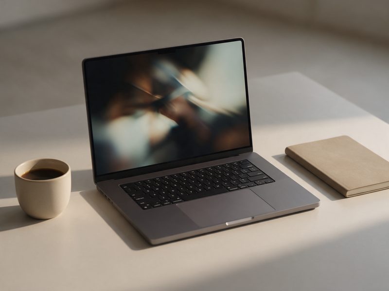 Aufgeklappter Laptop mit Kaffeetasse und Notizbuch auf einem hellen Tisch