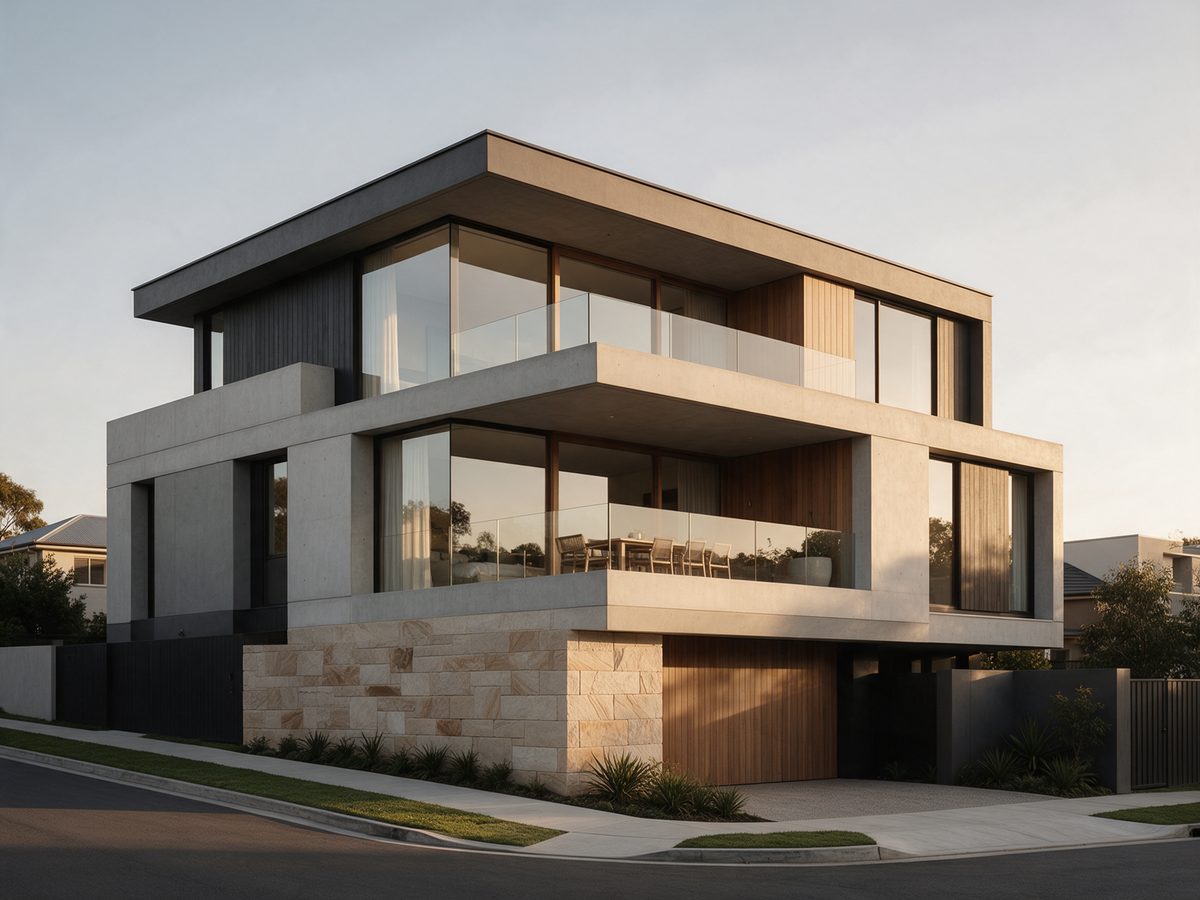 Modernes Wohnhaus aus Beton, Holz und Glas im Abendlicht